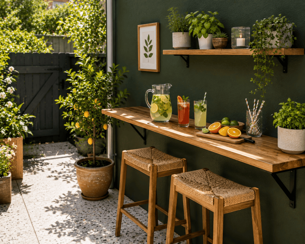 Small backyard patio with a narrow wall-mounted outdoor bar, two compact stools, drinks, potted herbs, and space-saving modern decor.