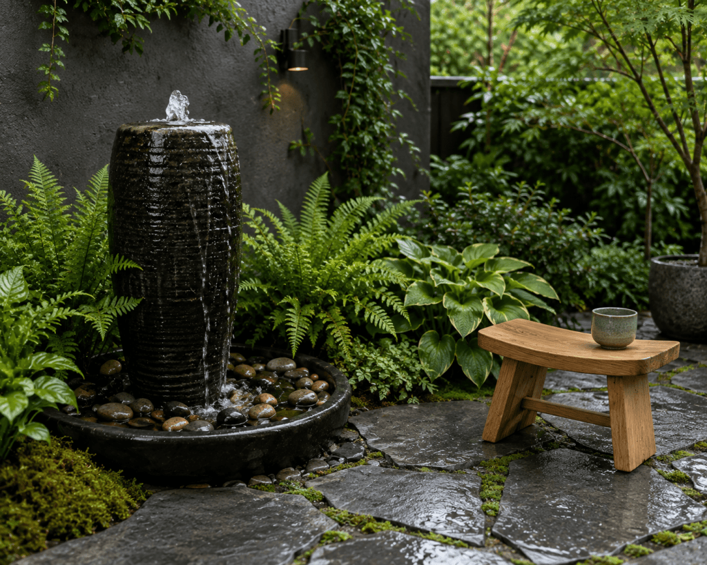 Peaceful small patio with a compact stone water fountain, lush ferns, smooth pebbles, simple seating, and calming garden decor.