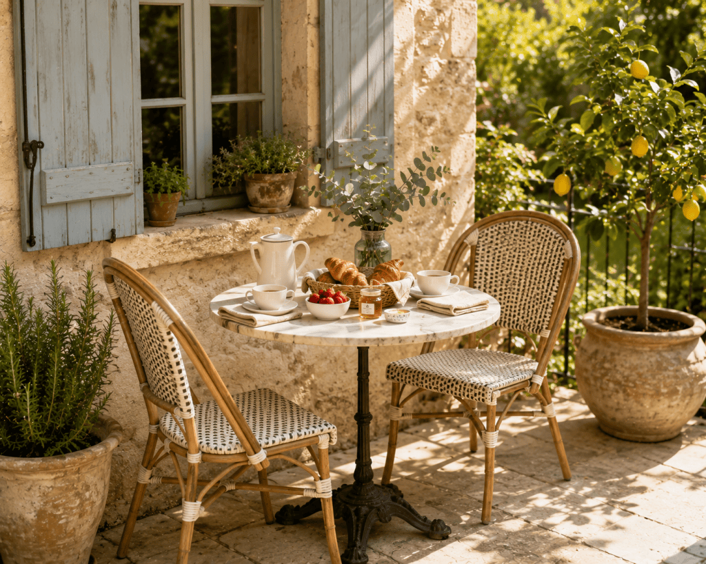 Cozy small patio breakfast corner with a petite bistro table, two folding chairs, coffee, croissants, fresh fruit, and a sunny garden view.