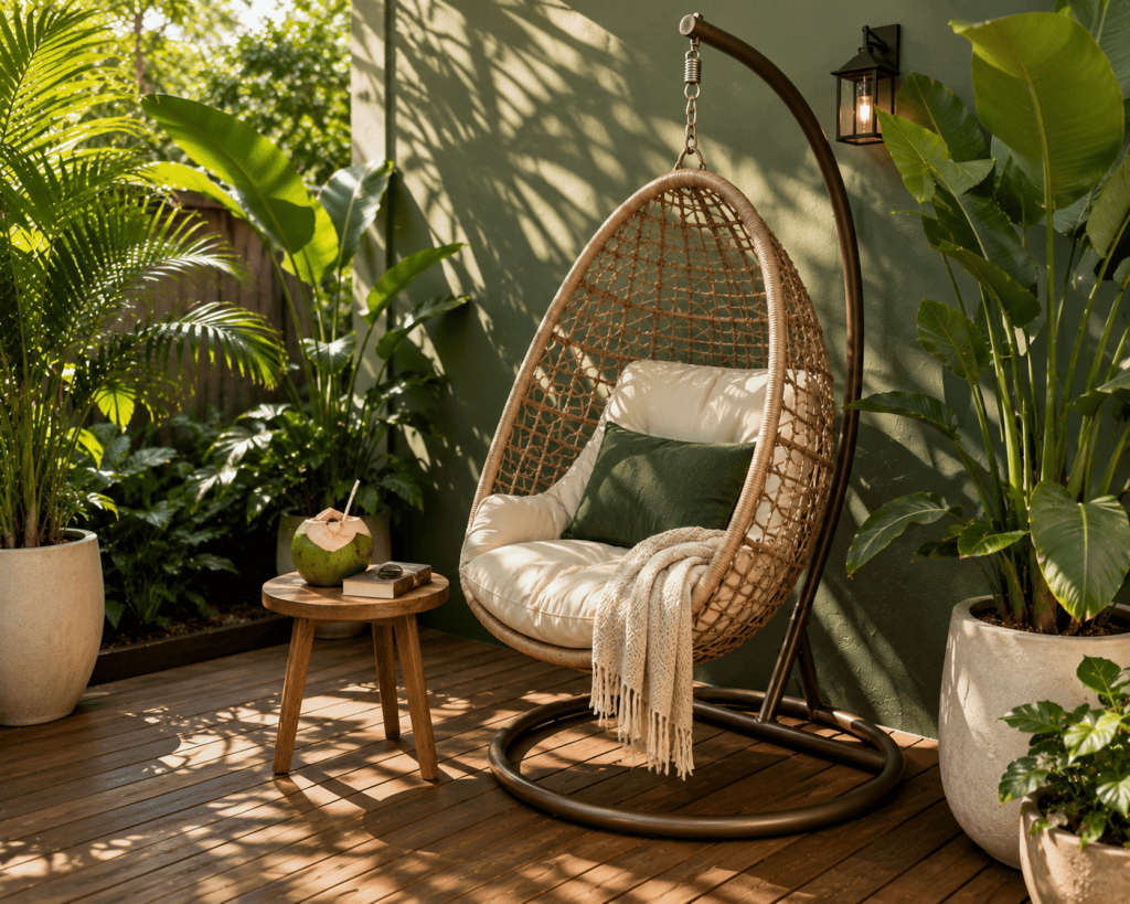Small tropical patio with a freestanding woven hanging chair, comfortable cushions, leafy plants, compact side table, and relaxing outdoor decor.