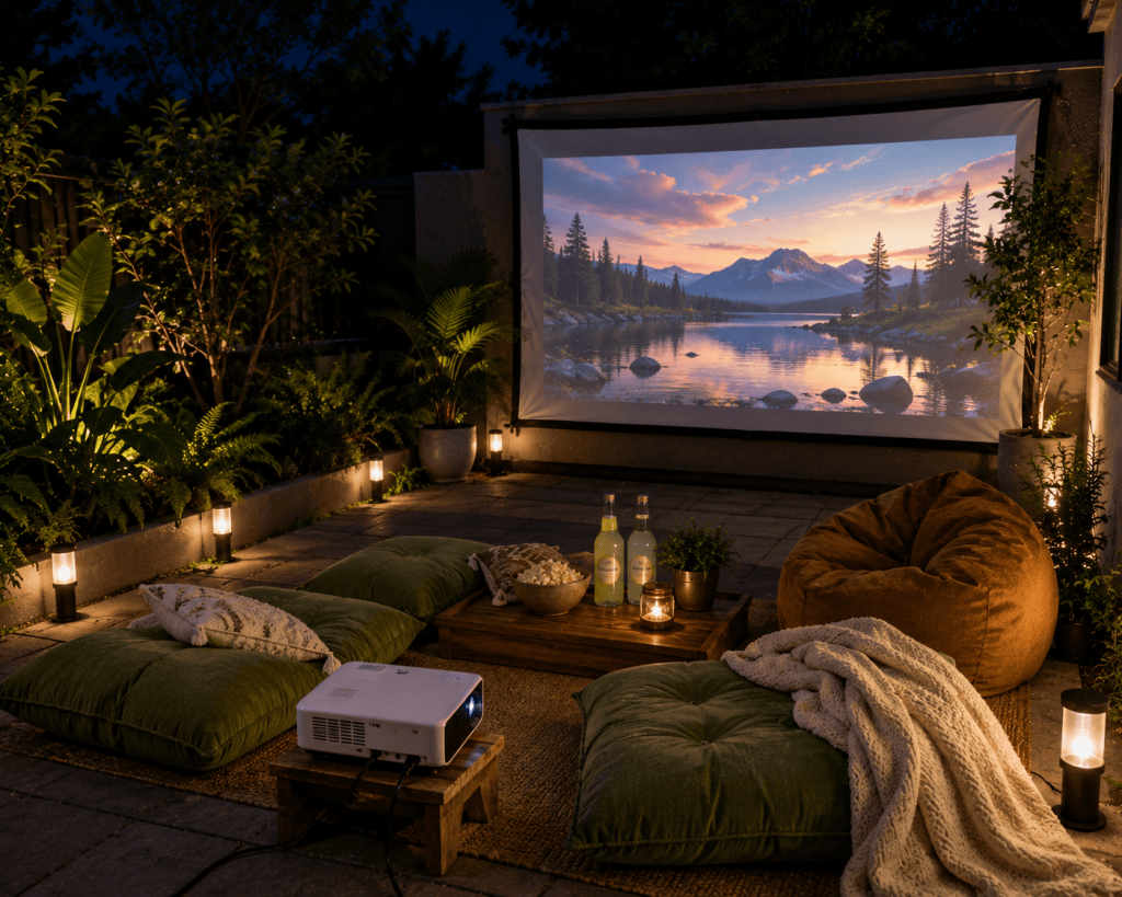 Cozy small backyard patio movie night with a portable projector screen, floor cushions, blankets, popcorn, drinks, and soft evening lighting.