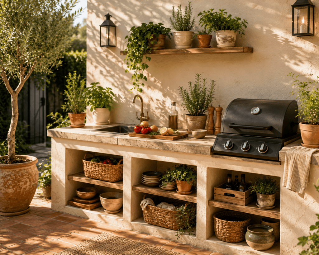 Compact small patio outdoor kitchen with a slim preparation counter, small grill, herb pots, open shelving, and practical space-saving design.