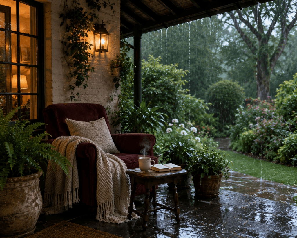 Cozy covered small patio on a rainy day with comfortable seating, warm blanket, steaming tea, leafy plants, and a peaceful rain-soaked garden view.