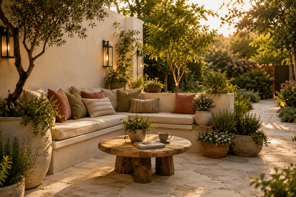 Cozy small backyard patio with built-in cream seating, warm neutral cushions, lush greenery, wooden coffee table, lanterns, and golden-hour garden light.