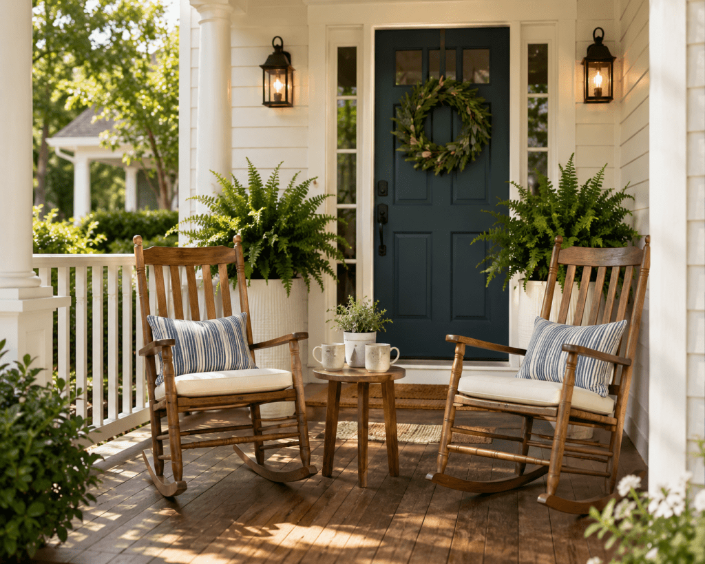 Welcoming front porch with two wooden chairs, neutral cushions, small side table, potted greenery, and a beautifully styled front entrance.