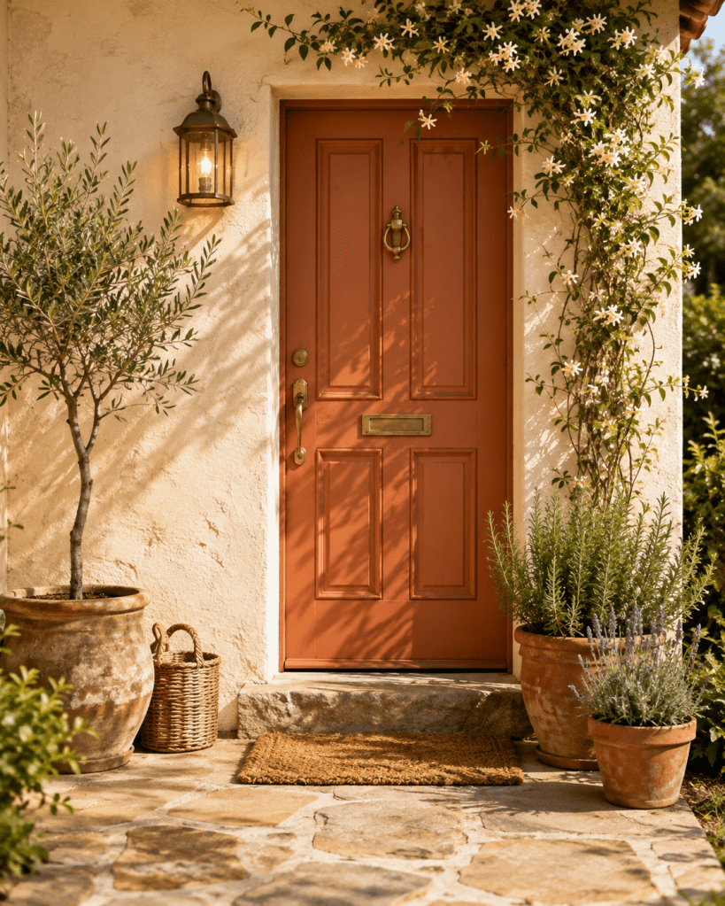 Charming front porch with a terracotta-colored front door, brass hardware, simple potted plants, natural doormat, and warm welcoming entrance decor.