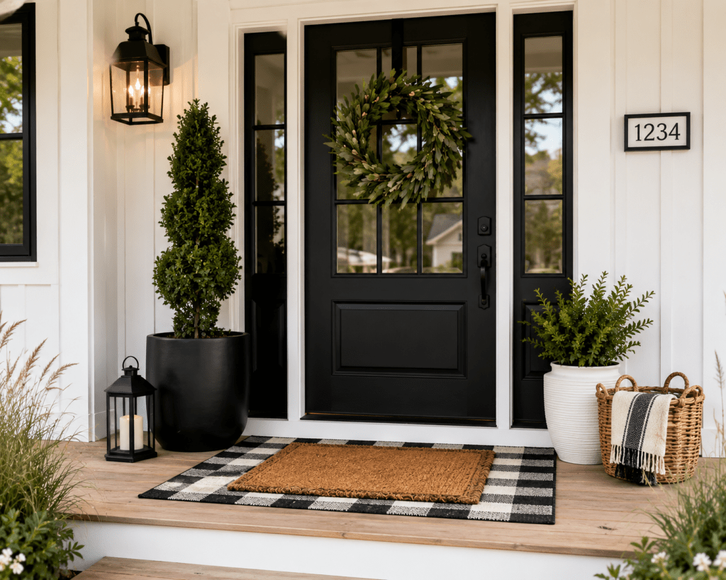 Stylish front porch entrance with a layered coir doormat over a black-and-white checked outdoor rug, simple planters, and a welcoming front door.