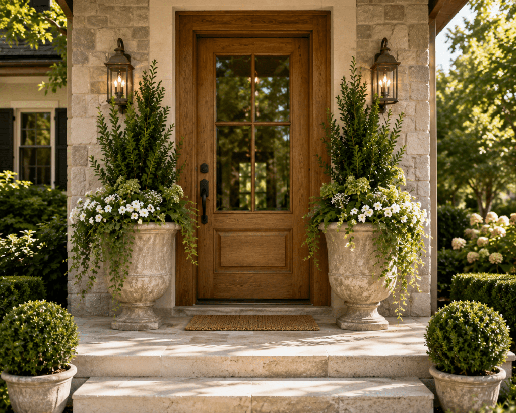 Elegant front porch with oversized stone planters filled with lush greenery and white flowers framing a warm wooden front door.