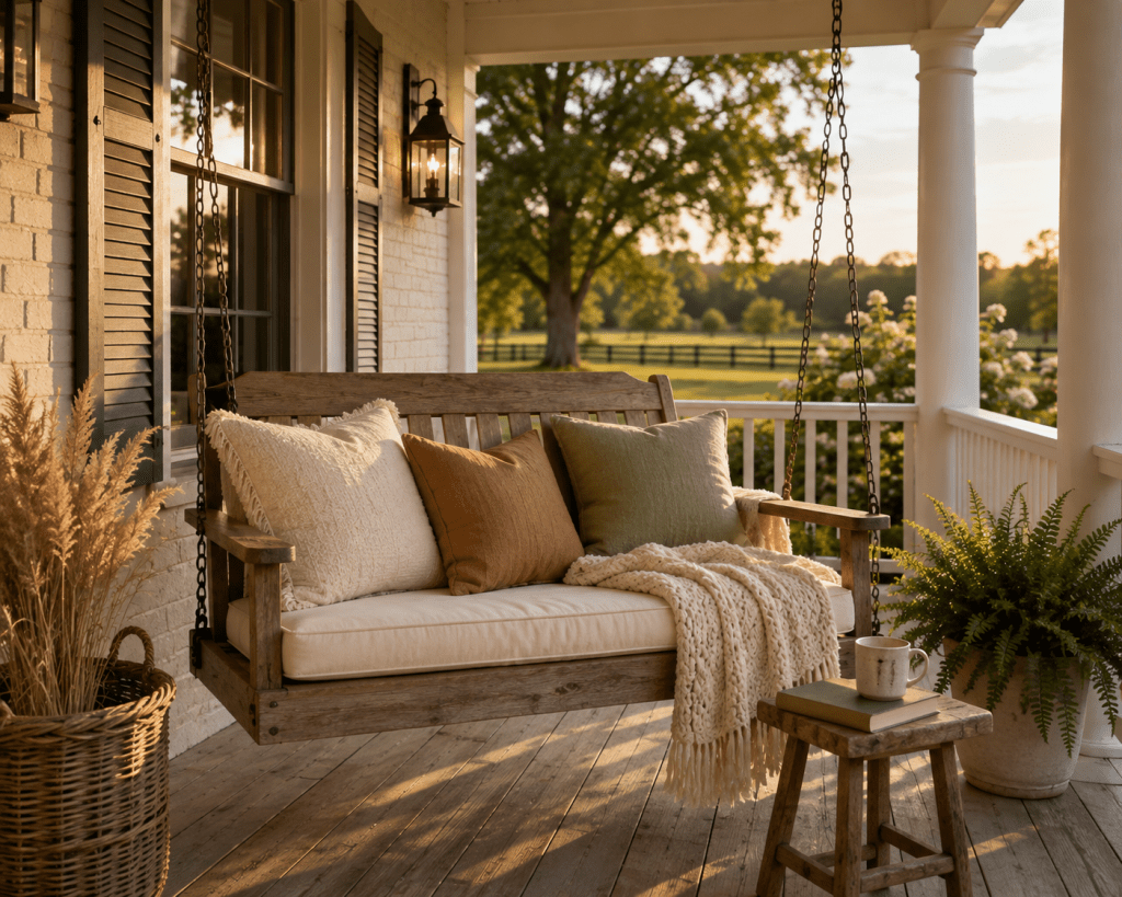 Cozy farmhouse front porch with a hanging wooden porch swing, soft cushions, knitted throw, small side table, and peaceful countryside view.