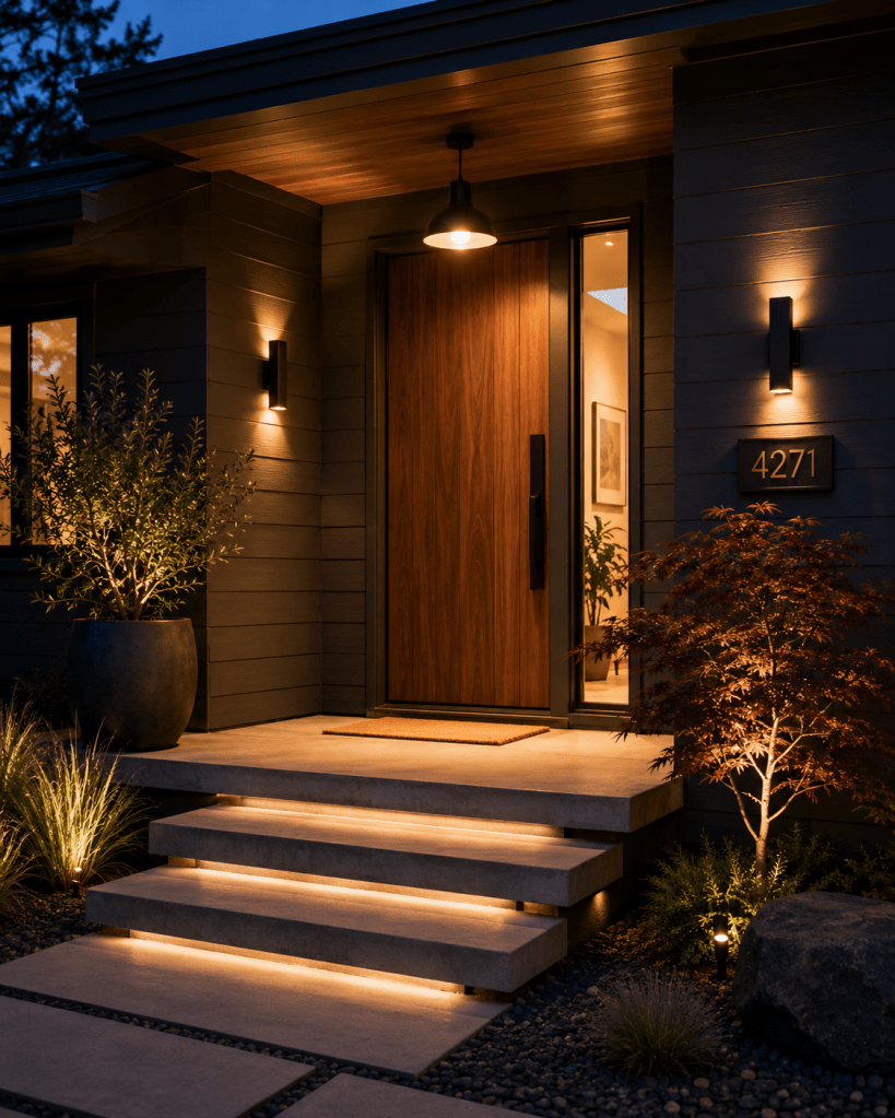 Welcoming front porch at dusk with warm wall sconces, glowing pendant light, modern front door, subtle step lighting, and elegant evening landscaping.