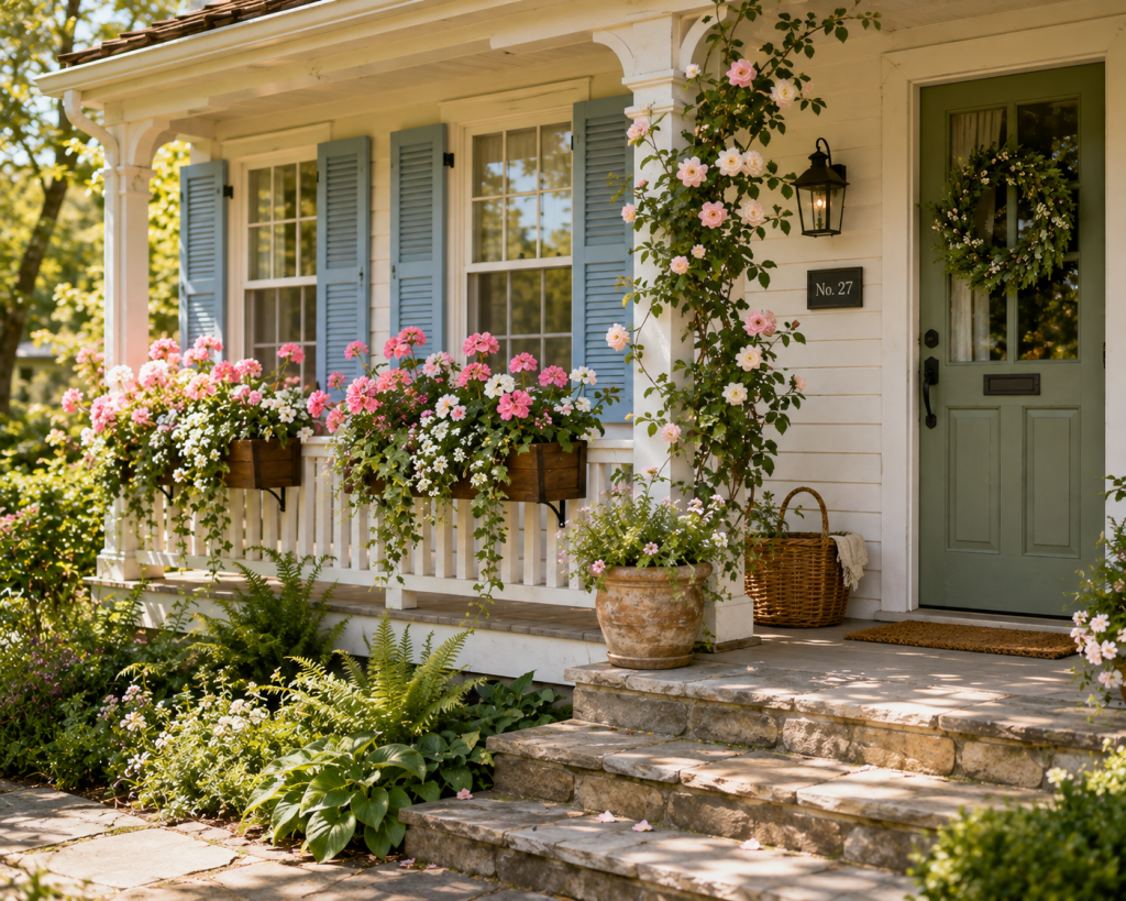 Charming cottage front porch with overflowing window boxes filled with pink and white flowers, pale blue shutters, and a welcoming garden entrance.