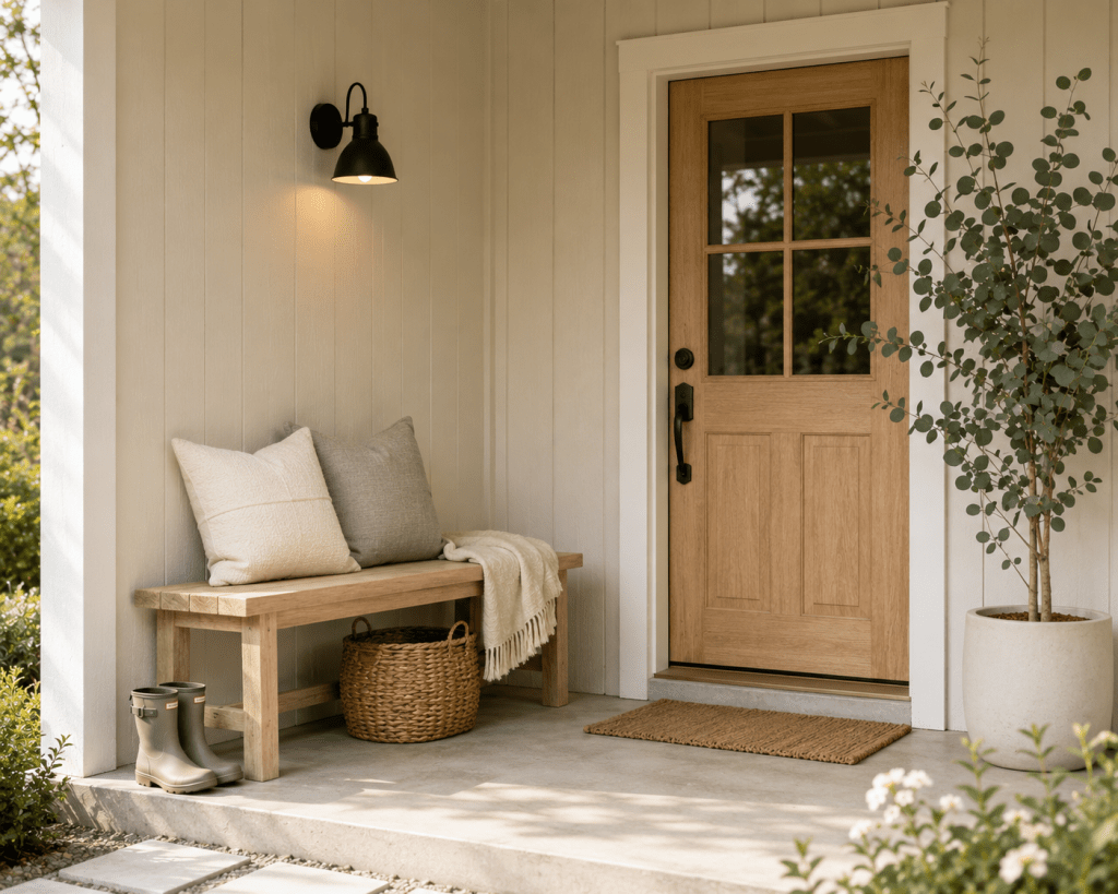 Small front porch with a compact wooden bench, neutral cushions, woven basket, simple greenery, and clean Scandinavian-inspired entrance decor.