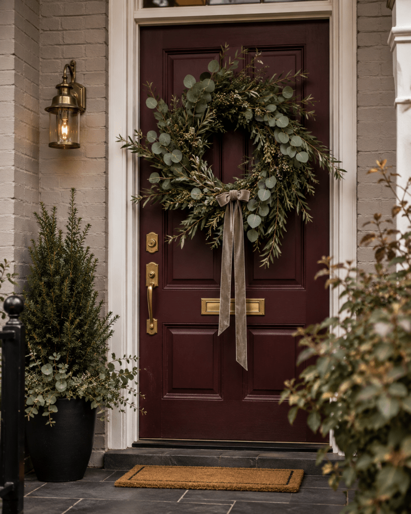 Elegant front porch with a large natural eucalyptus wreath on a deep burgundy front door, brass hardware, simple greenery, and understated entry decor.