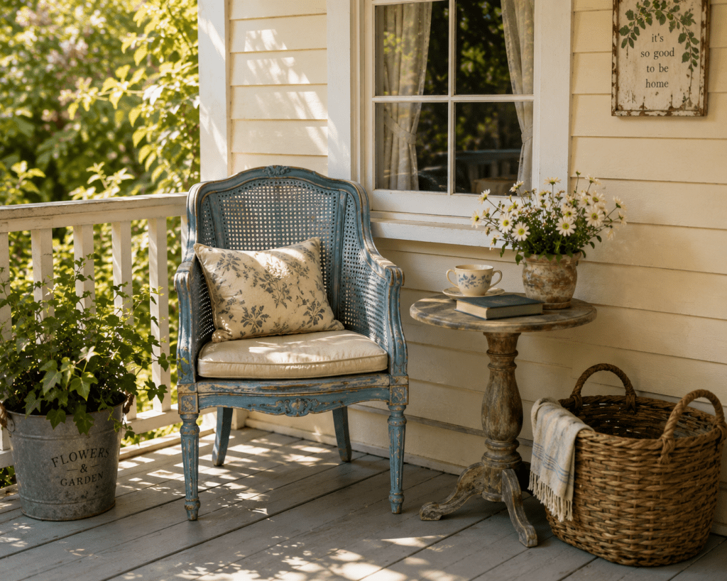 Charming vintage front porch corner with an antique-style cane chair, floral cushion, small side table, potted plant, and cozy cottage decor.