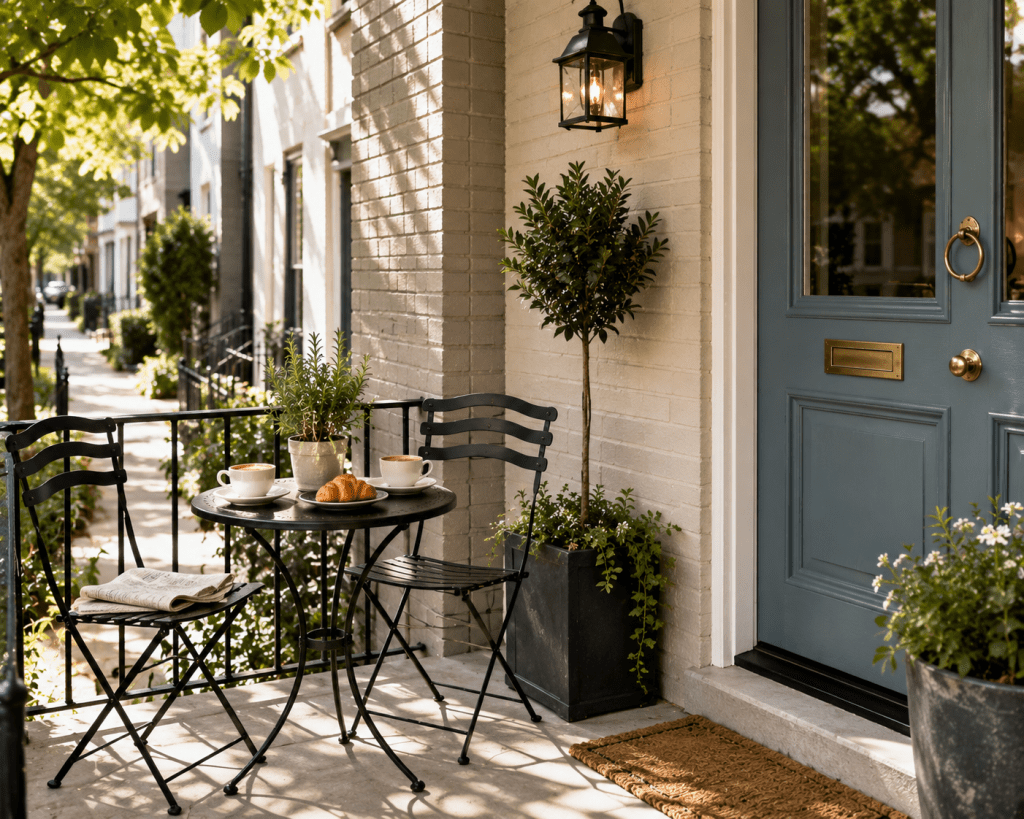 Charming small front porch with a petite black café table, two bistro chairs, morning coffee, simple greenery, and a bright welcoming entrance.
