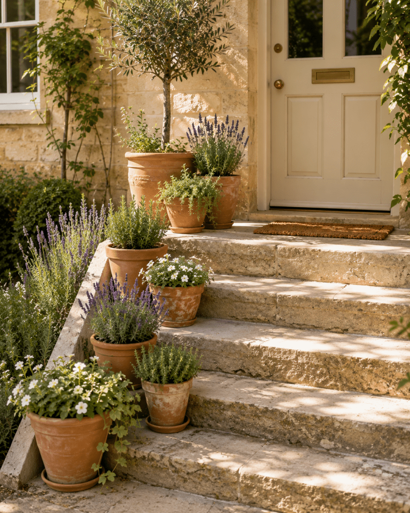 Welcoming front porch steps decorated with tiered terracotta planters filled with lavender, herbs, greenery, and soft seasonal flowers.