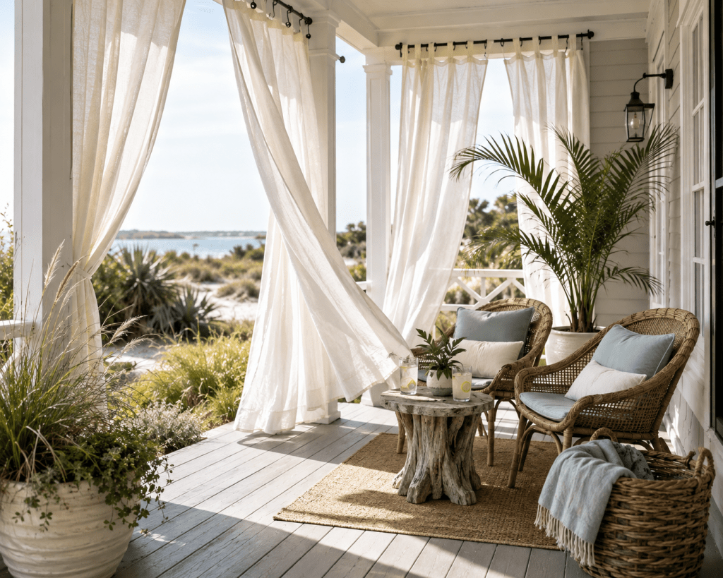 Airy covered front porch with flowing ivory outdoor curtains, woven lounge chairs, neutral cushions, greenery, and a peaceful private seating area.