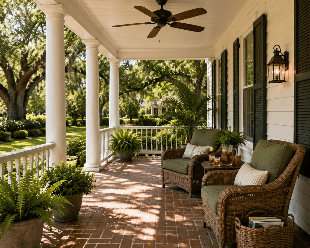 Covered Southern-style front porch with a natural wood ceiling fan, comfortable wicker seating, green cushions, brick flooring, and lush garden views.