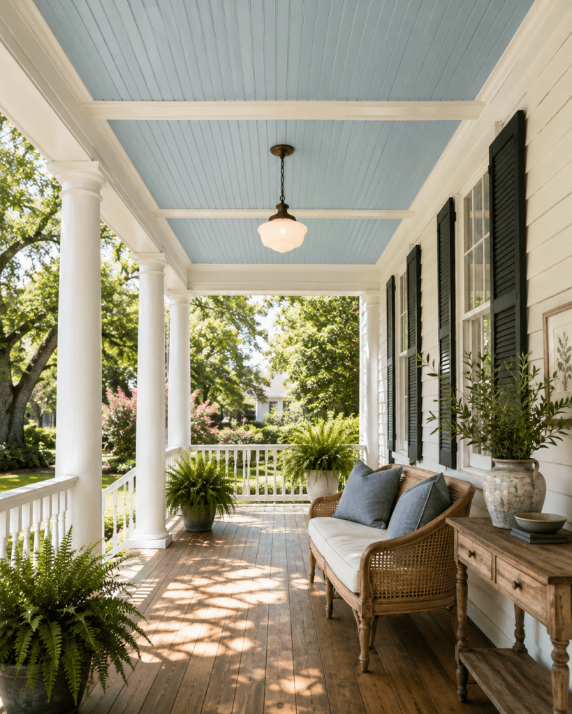 Elegant covered front porch with a soft blue painted ceiling, white columns, natural wood furniture, neutral cushions, and peaceful garden views.
