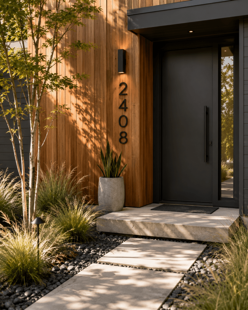 Modern front porch with large vertical black house numbers, cedar siding, minimalist front door, simple landscaping, and contemporary entry design.