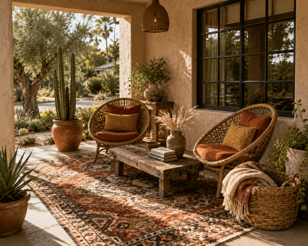 Bohemian front porch with a colorful vintage-style outdoor rug, woven chairs, rust and mustard cushions, wooden coffee table, and relaxed greenery.