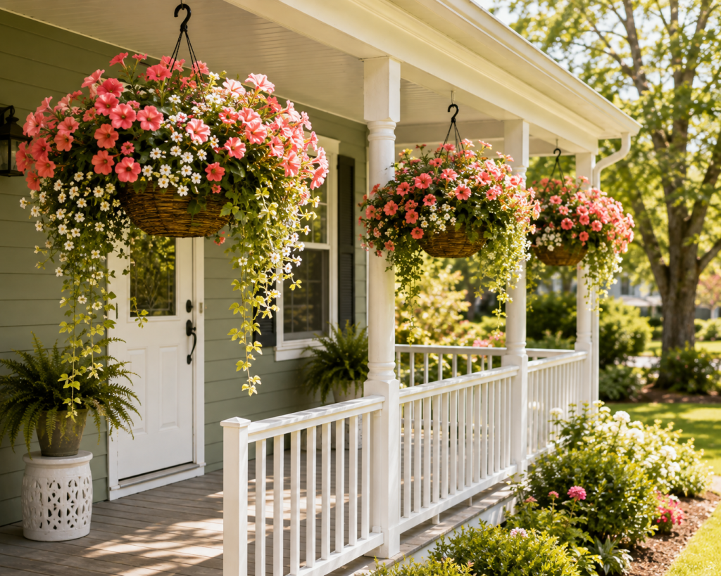 Cheerful front porch with hanging baskets overflowing with pink petunias and trailing greenery, white railing, and a bright cottage garden setting.