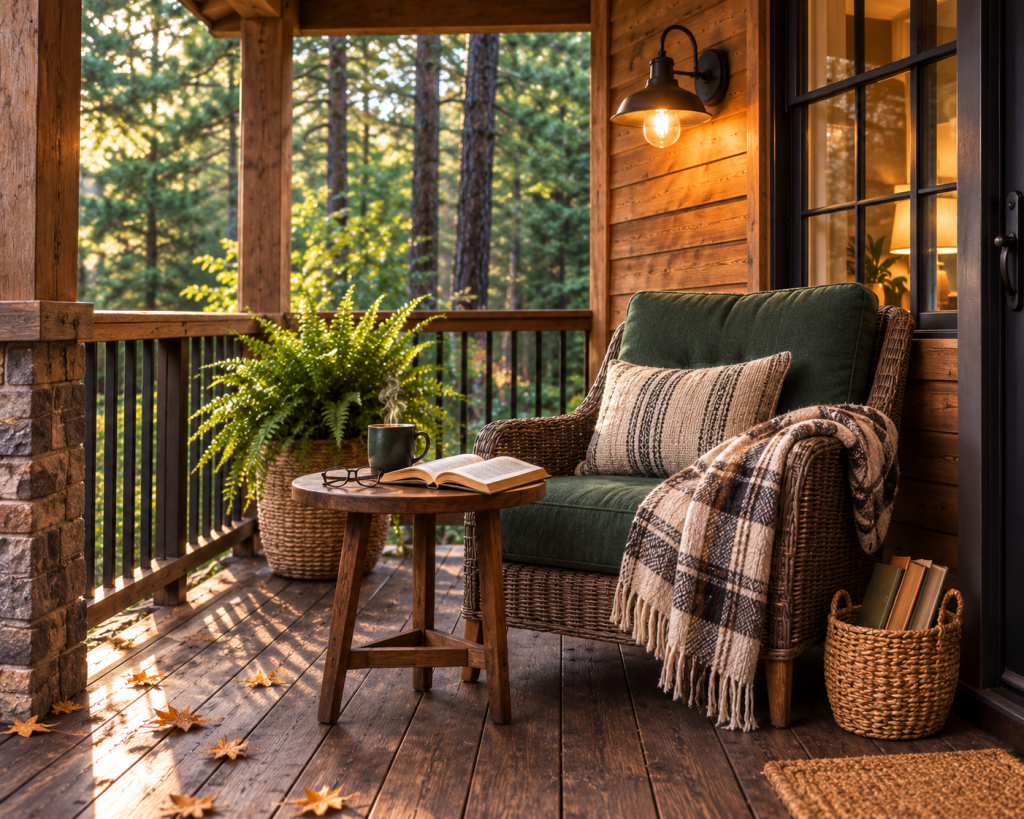 Cozy covered front porch reading nook with a deep green armchair, plaid throw, small wooden table, books, warm wall light, and peaceful woodland surroundings.