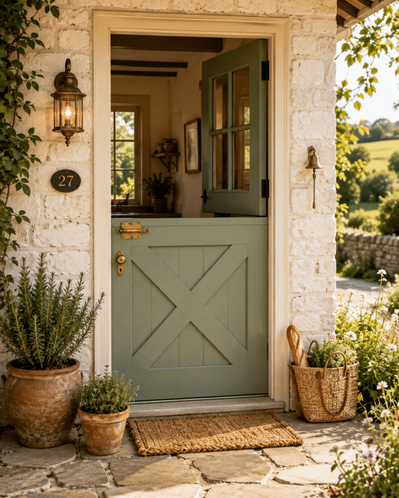Charming cottage front porch with a muted sage-green Dutch door, brass hardware, natural doormat, simple potted herbs, and warm countryside styling.