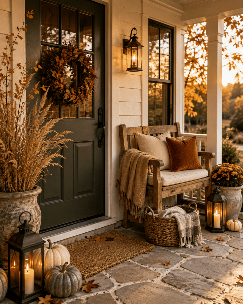 Cozy autumn front porch decorated with pumpkins, dried grasses, warm lanterns, neutral seating, and simple seasonal fall decor.