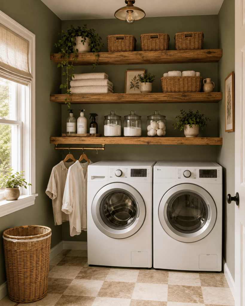 Small sage green laundry room with stacked wooden floating shelves, white washer and dryer, organized glass jars, woven baskets, folded towels, and practical wall storage.