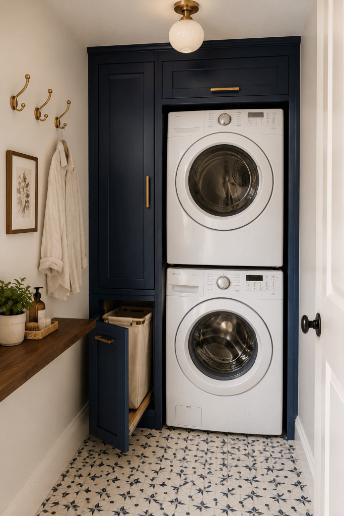 Tiny modern laundry room with a stacked white washer and dryer, navy blue cabinetry, brass hardware, narrow storage cabinet, and patterned tile floor.