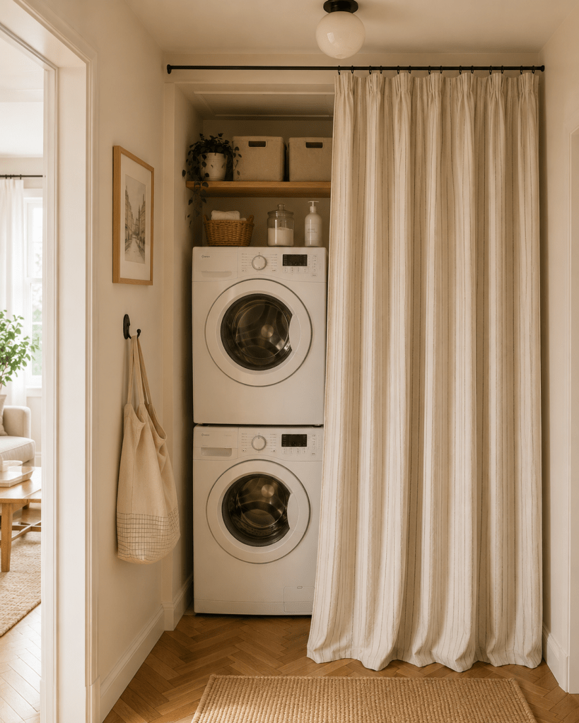 Small apartment laundry nook concealed behind a soft striped curtain with compact washer and dryer, simple shelving, and space-saving storage.