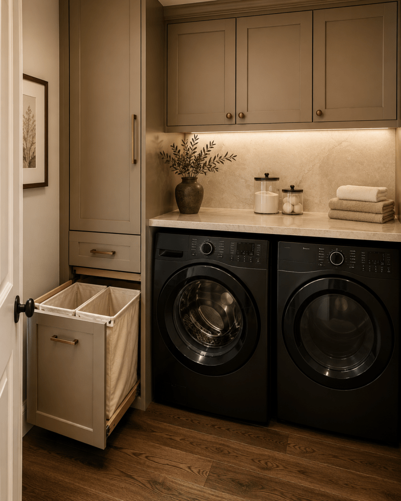 Small modern laundry room with pull-out double laundry hampers, warm beige cabinetry, black washer and dryer, and organized hidden storage.