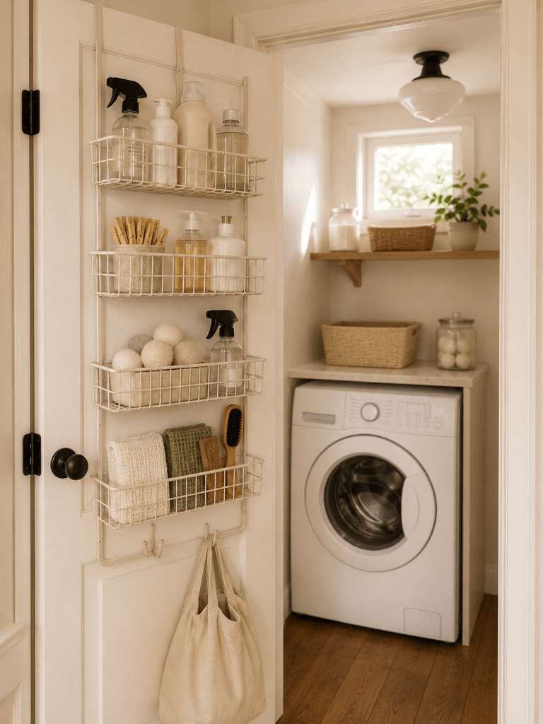 Tiny laundry room with an over-the-door storage organizer holding laundry supplies, compact washer, warm white walls, and clever space-saving organization.