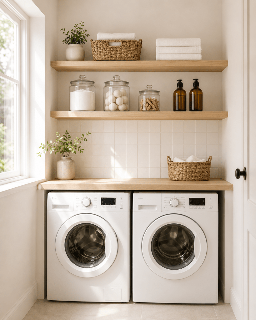 Bright minimalist laundry room with organized glass laundry jars, wooden shelves, white washer and dryer, folded towels, and clean Scandinavian styling.