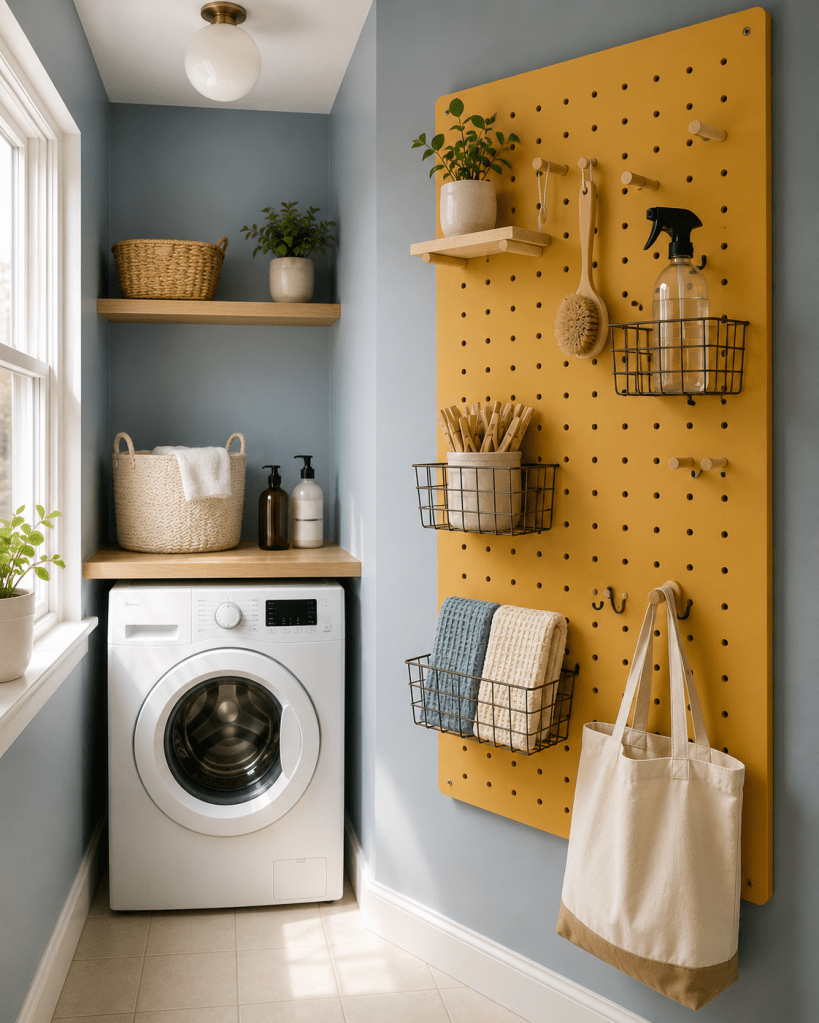 Colorful small laundry room with a wall-mounted pegboard, compact washing machine, organized laundry accessories, hooks, baskets, and practical vertical storage.