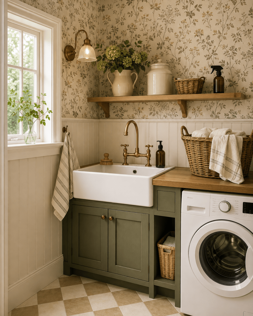 Small green laundry room with a compact white utility sink, brass faucet, washing machine, floral wallpaper, and charming cottage-style storage