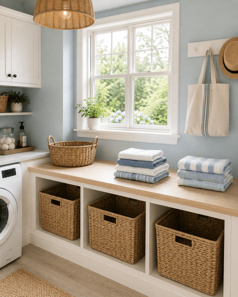 Small coastal laundry room with a dedicated folding counter, built-in basket cubbies, white cabinetry, pale blue walls, and neatly folded towels.