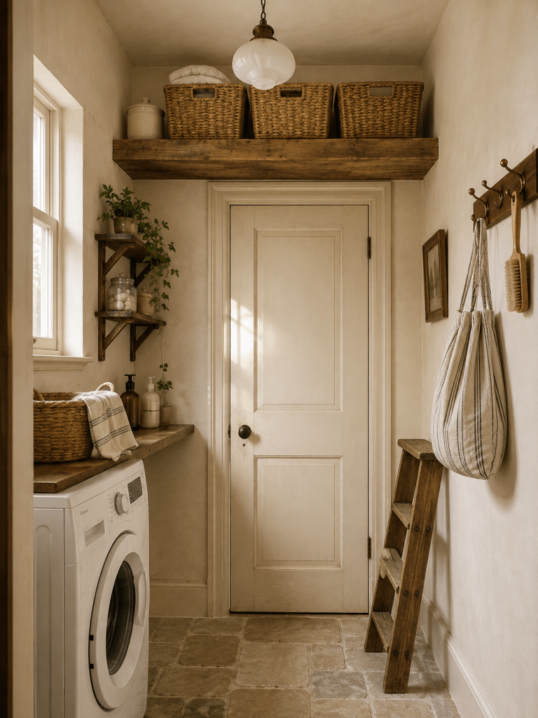 Tiny laundry room with a storage shelf above the doorway, woven baskets, compact washing machine, warm cream walls, and clever vertical organization.