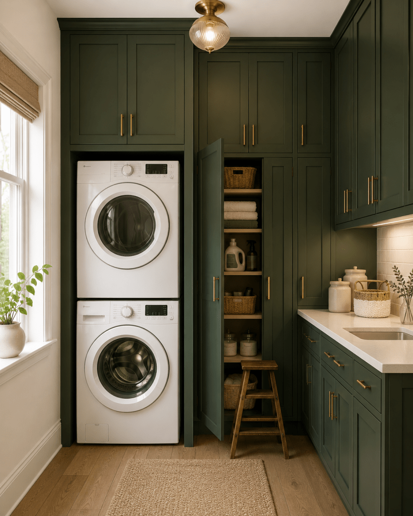 Small sophisticated laundry room with floor-to-ceiling forest green cabinets, stacked washer and dryer, brass hardware, and clever vertical storage.