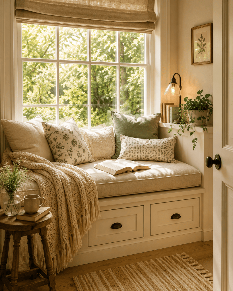Cozy window reading nook with a built-in bench, cream cushions, warm neutral pillows, books, soft throw blanket, and peaceful garden view.