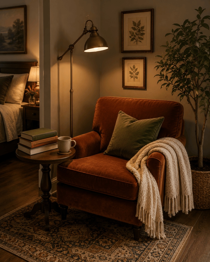 Cozy bedroom reading corner with a rust velvet armchair, floor lamp, small wooden side table, books, soft throw blanket, and warm neutral decor.
