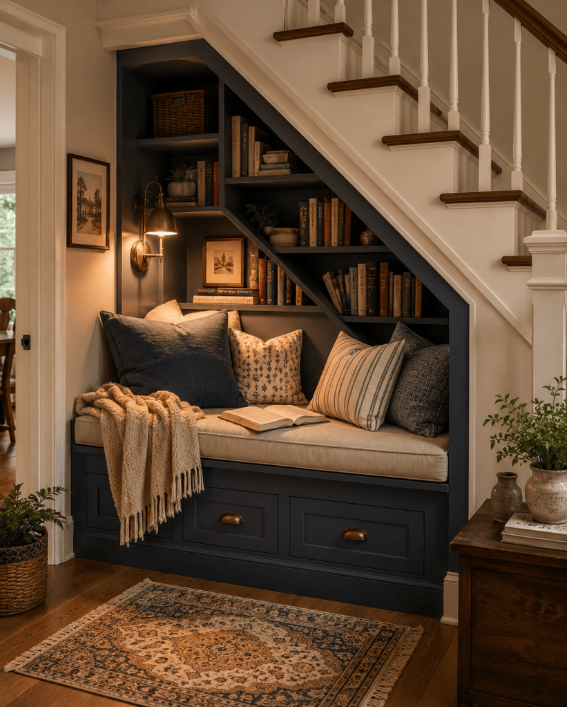 Cozy under-stairs reading nook with a built-in bench, blue cushions, bookshelves, warm wall lighting, and clever small-space storage.