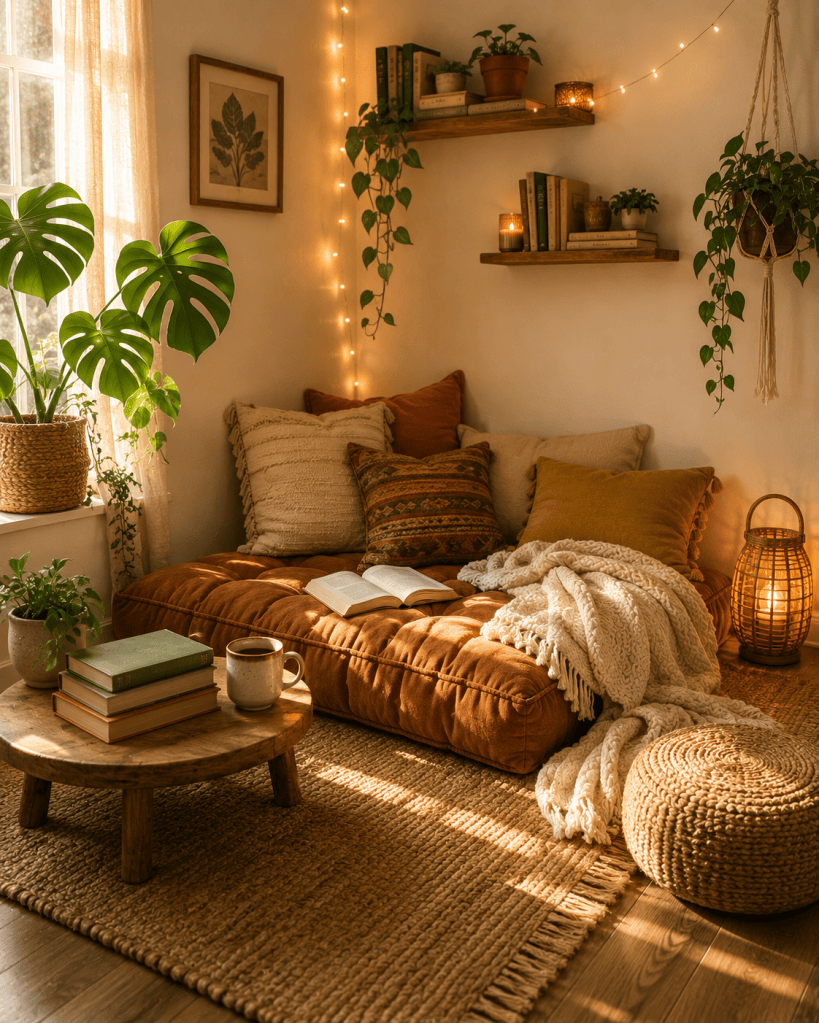 Cozy boho reading nook with oversized floor cushions, warm neutral pillows, low wooden table, books, plants, string lights, and a soft textured rug.
