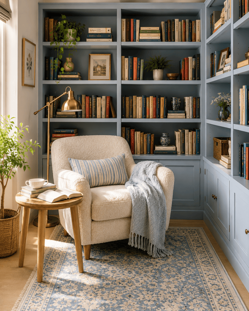 Bright home library reading nook with pale blue built-in bookshelves, cream armchair, colorful books, reading lamp, and soft patterned rug.
