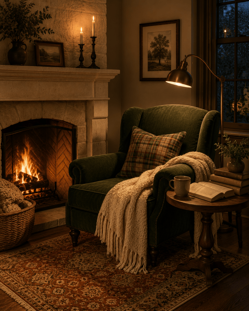 Cozy fireplace reading nook with a deep green armchair, warm stone fireplace, wool throw, books, side table, and soft evening lighting.