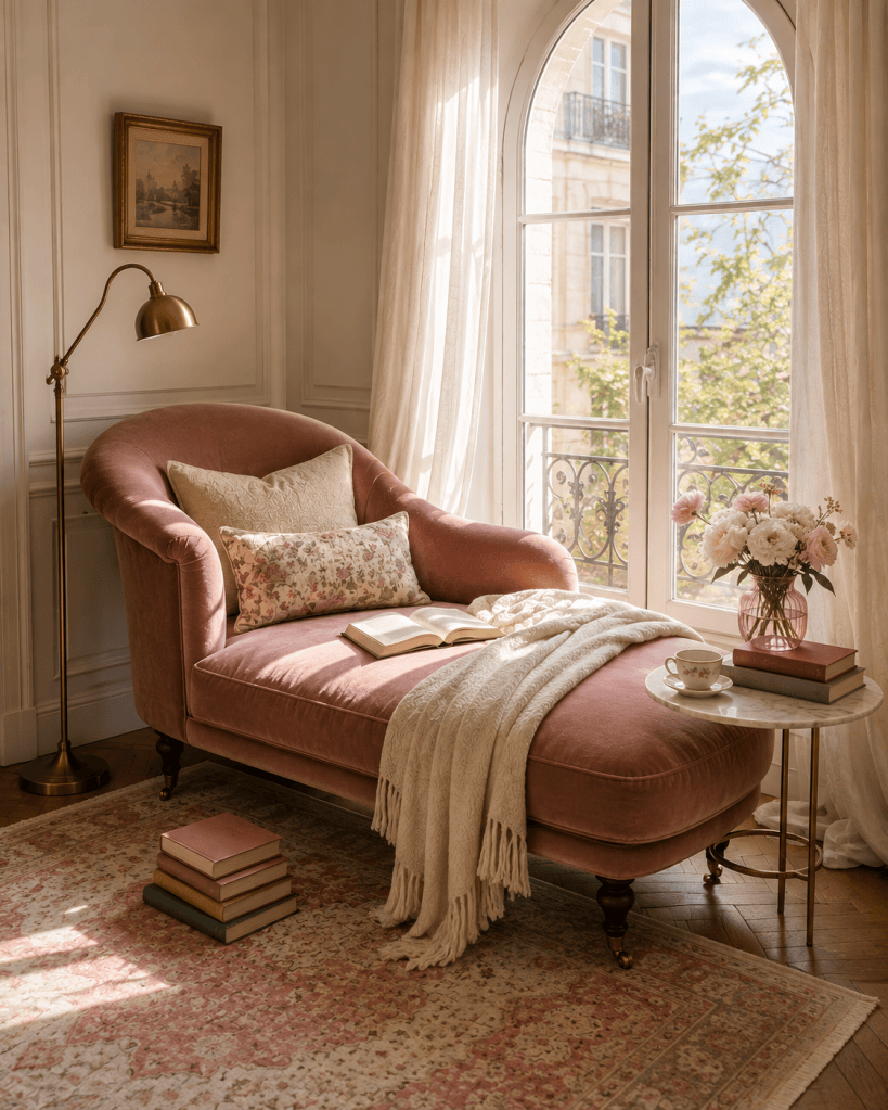 Elegant reading nook with a dusty rose chaise lounge, arched window, soft pillows, books, side table, and bright natural daylight.