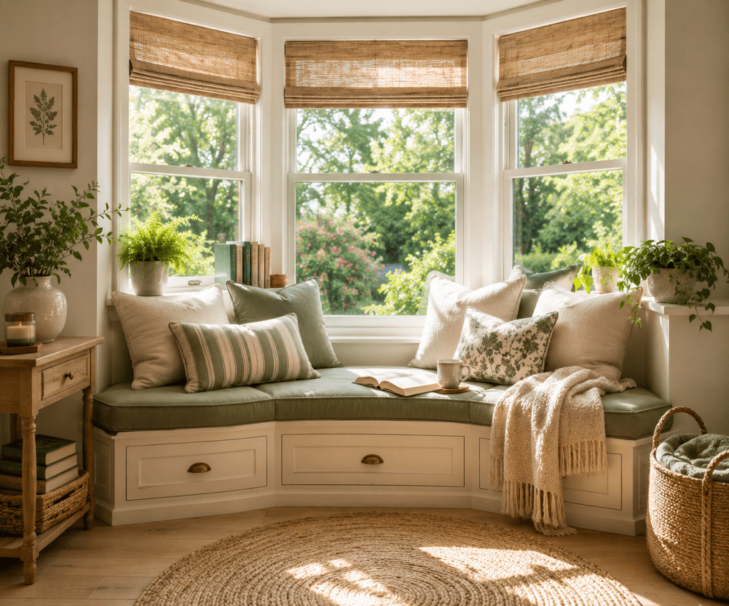 Bright bay window reading nook with a curved built-in bench, sage green cushions, storage drawers, books, linen shades, and peaceful garden views.