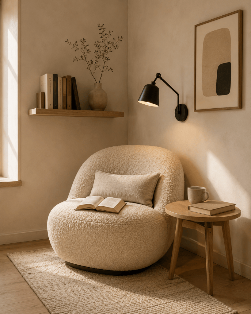 Minimalist small reading nook with a beige boucle chair, black wall-mounted reading light, slim side table, books, and modern neutral decor.
