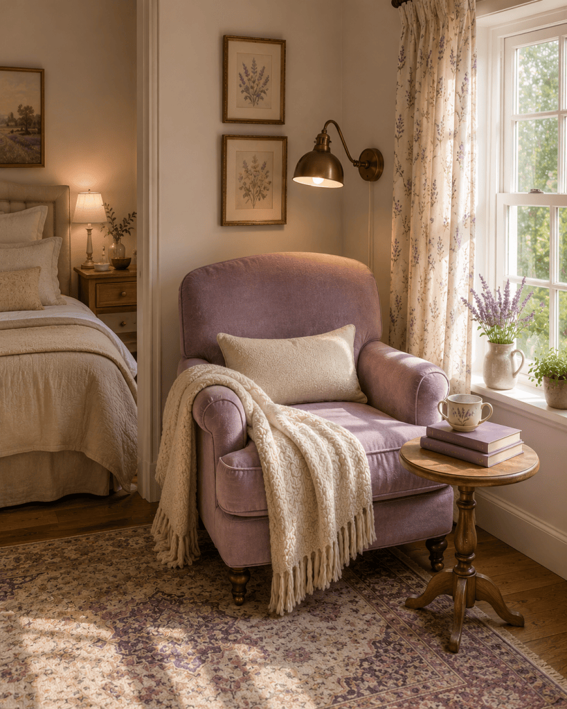 Cozy bedroom reading nook with a soft lavender armchair, small side table, books, warm reading lamp, floral curtains, and layered neutral bedding.